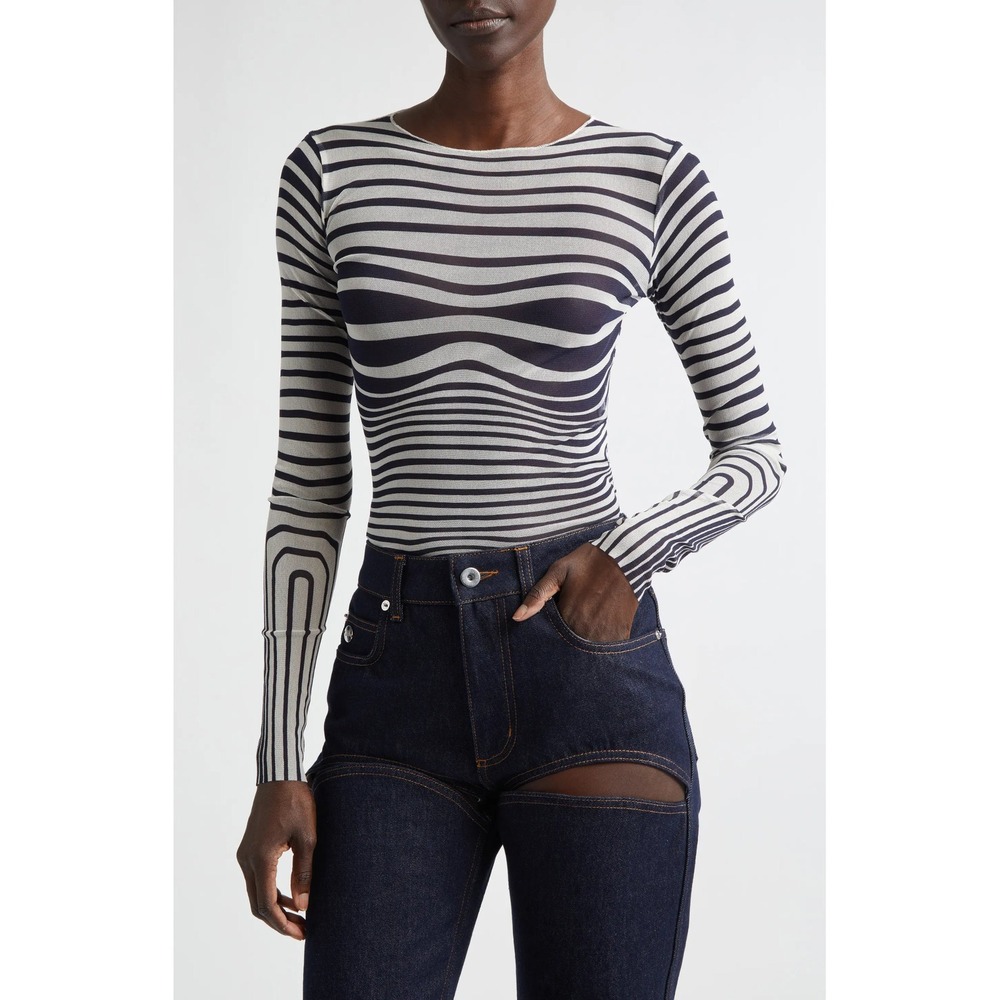 Jean Paul Gaultier Womens Body Morphing Mesh Top Ecru Navy No Size Y2K Cyber